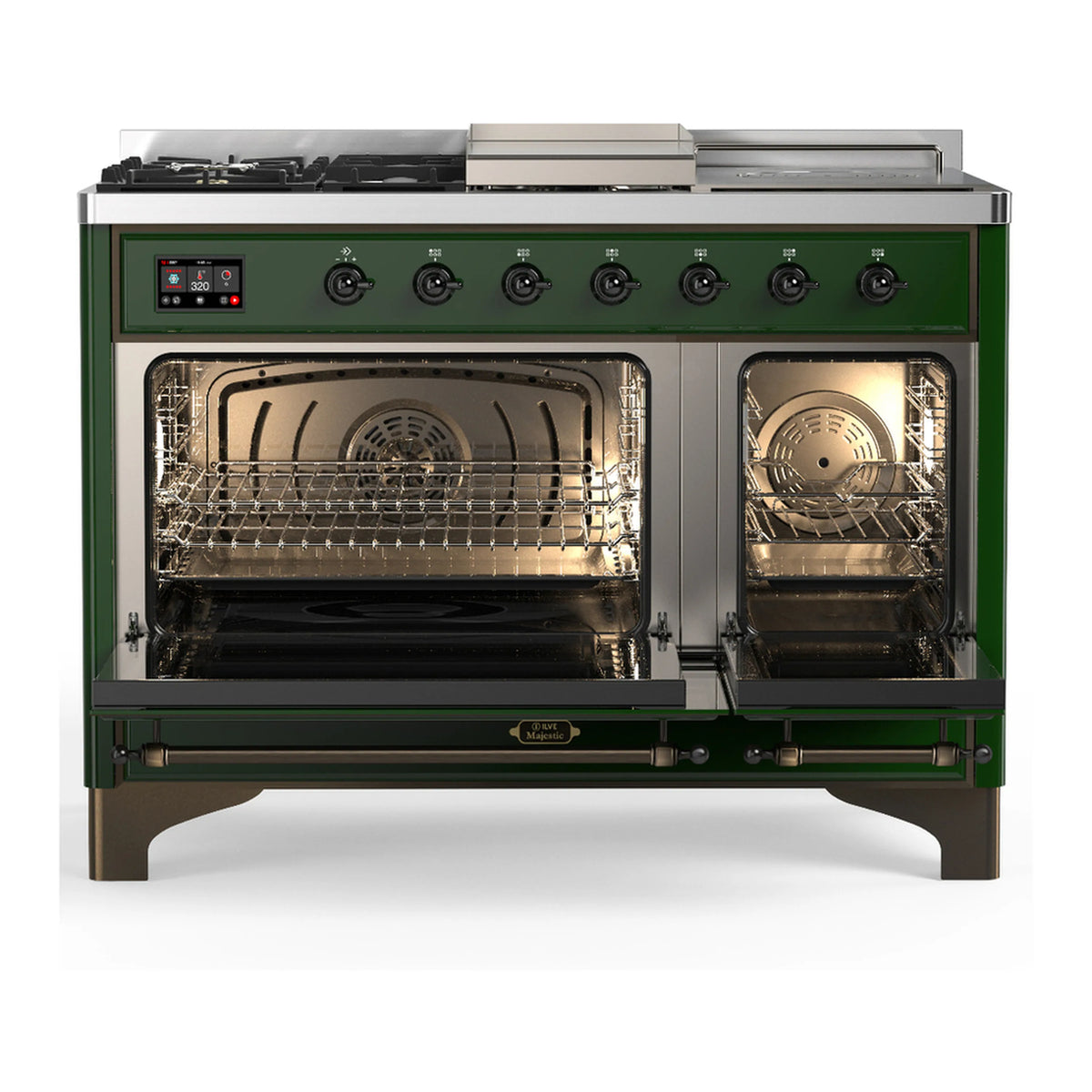 Emerald green dual fuel range with both oven doors open and racks inside