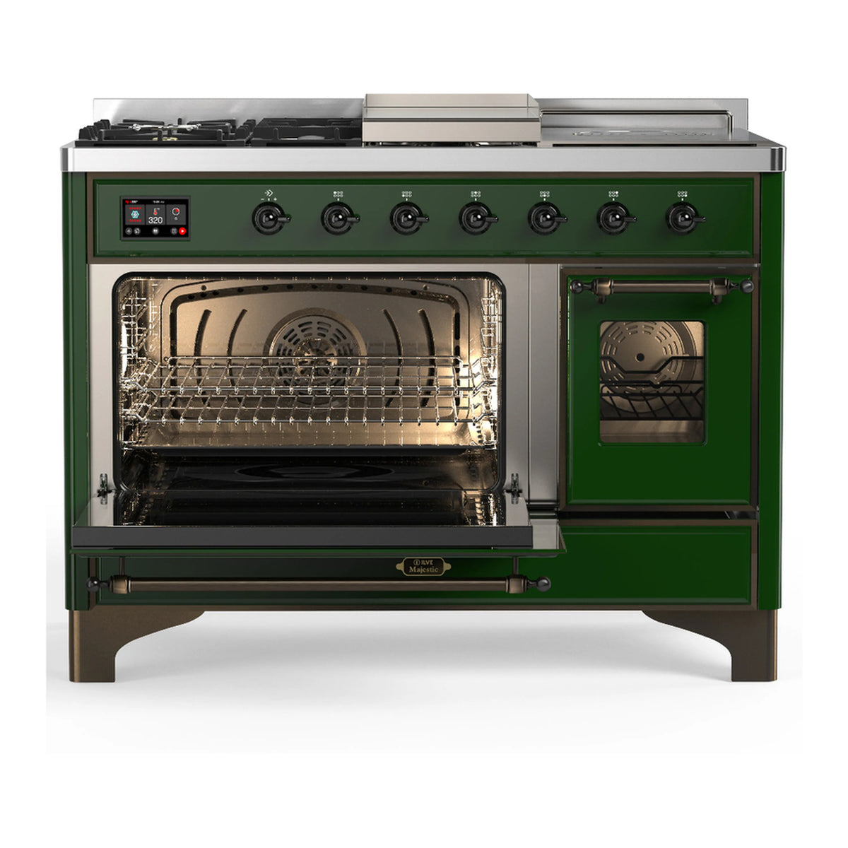 Emerald green dual fuel range with dual oven compartments and open glass doors