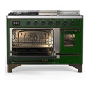 ILVE Majestic III 48-inch Dual Fuel Range with 5 Liquid Propane Burner, Griddle, French Top and Triple Glass Door Electric Oven in Emerald Green with Burnished Trim (UM48FSNR3EGBLP)
