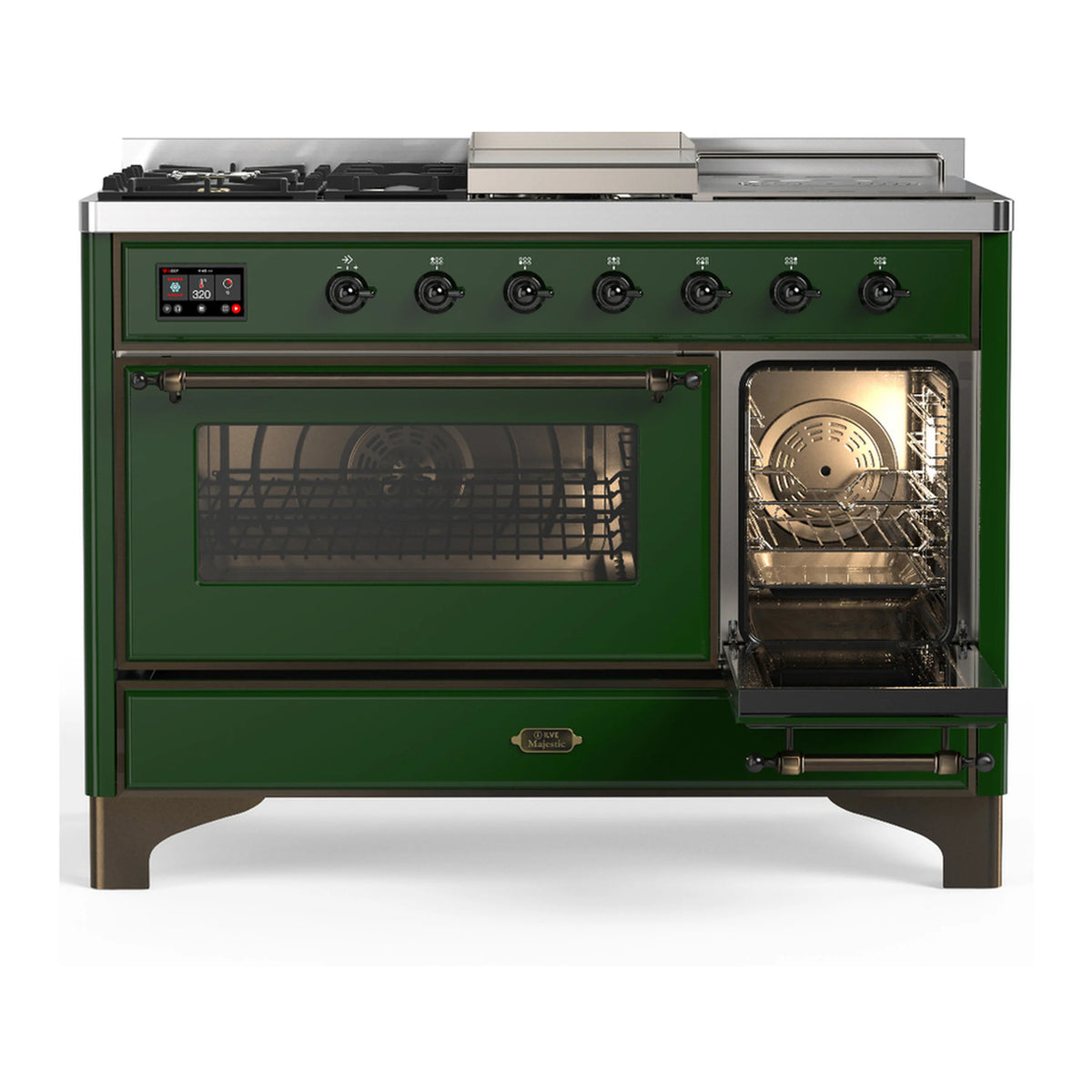 Emerald green dual fuel range with closed oven door and right window view