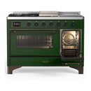 ILVE Majestic III 48-inch Dual Fuel Range with 5 Natural Gas Burner, Griddle, French Top and Triple Glass Door Electric Oven in Emerald Green with Burnished Trim (UM48FSNR3EGB)