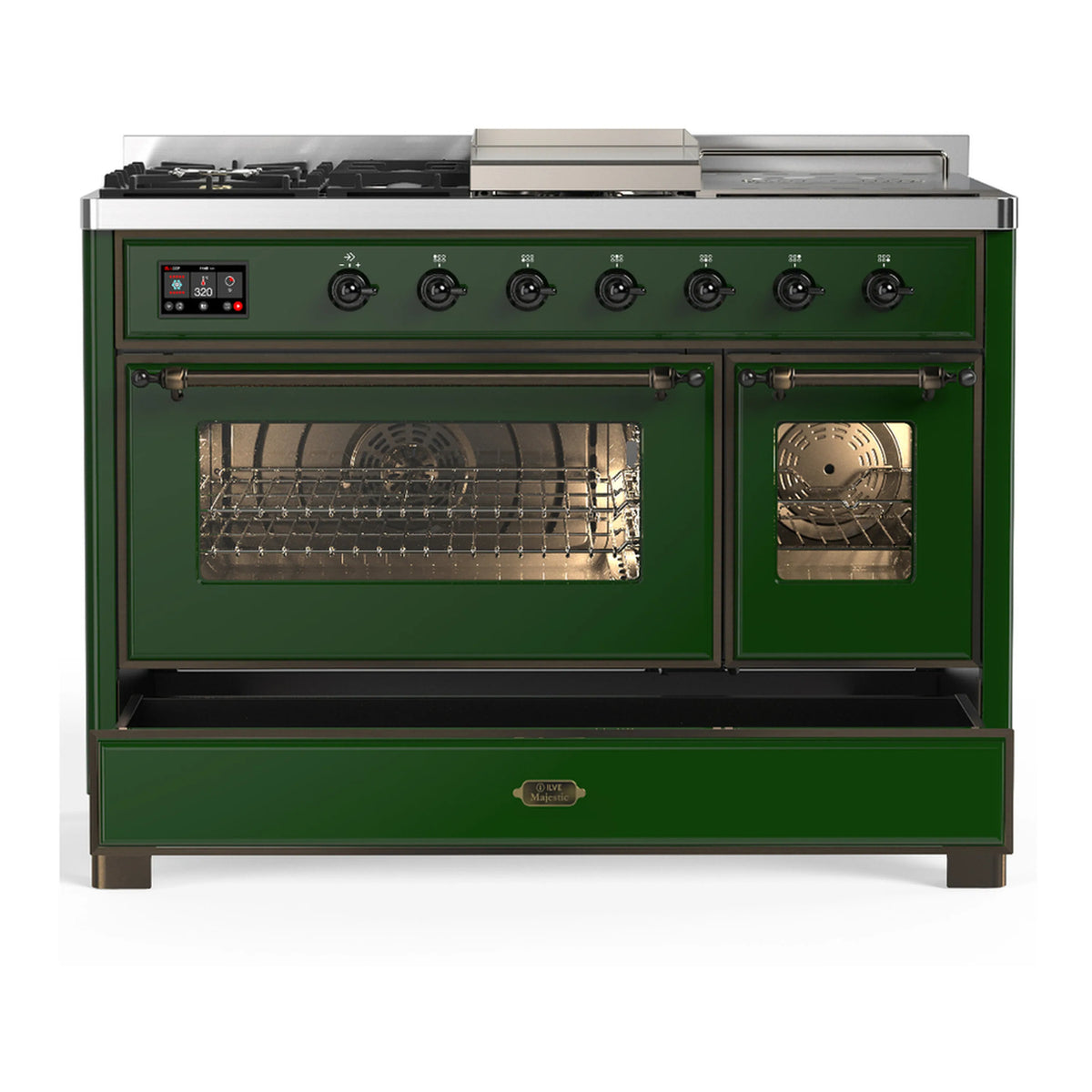 Emerald green dual fuel range with oven door open and warming drawer below