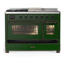 ILVE Majestic III 48-inch Dual Fuel Range with 5 Liquid Propane Burner, Griddle, French Top and Triple Glass Door Electric Oven in Emerald Green with Burnished Trim (UM48FSNR3EGBLP)