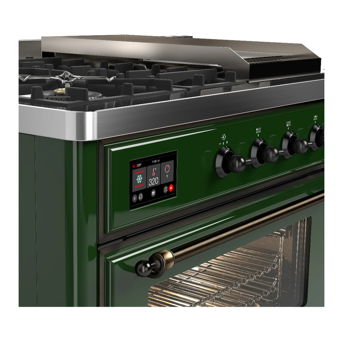 Emerald green dual fuel range control panel with digital display and burner knobs