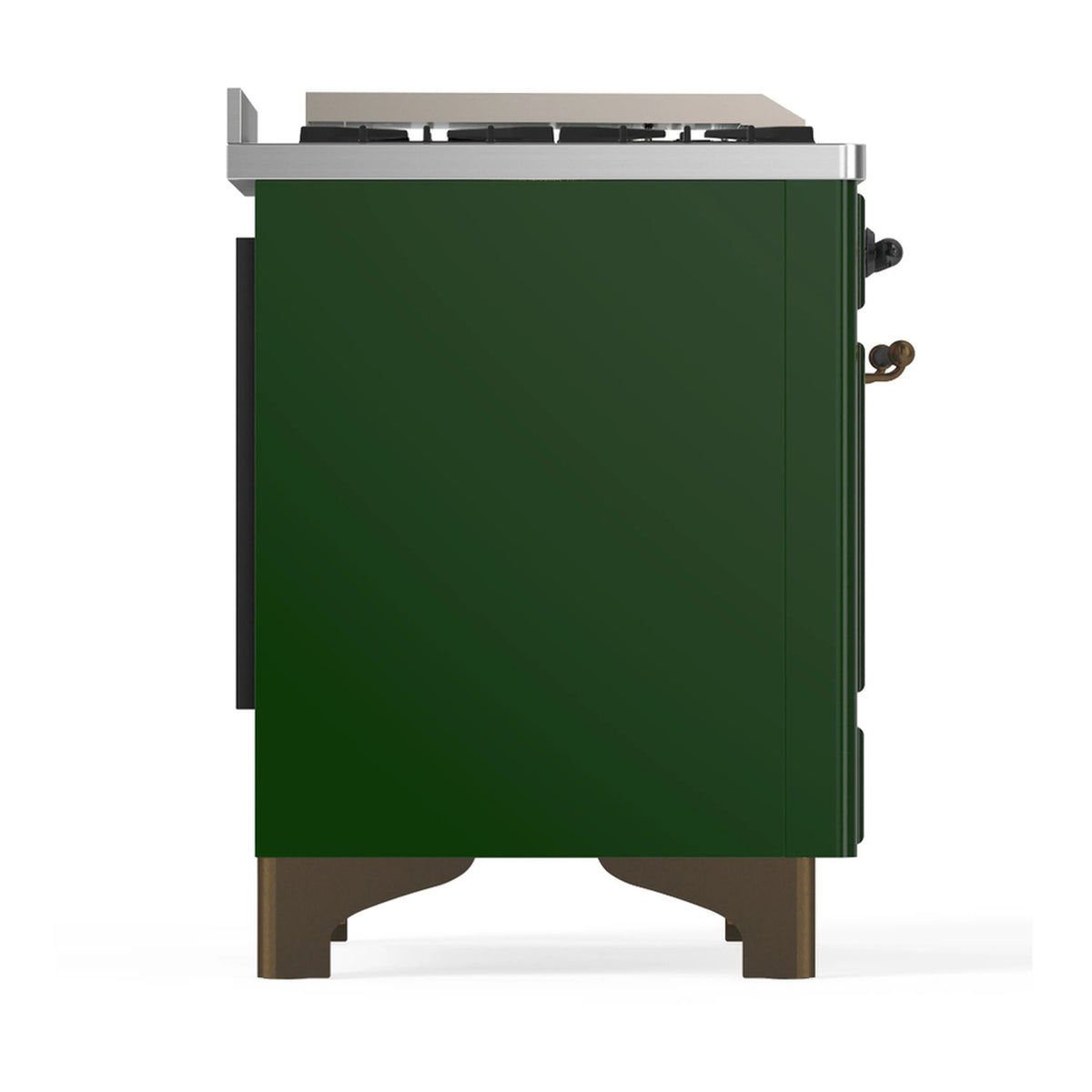 Emerald green dual fuel range side panel with stainless trim and side handles