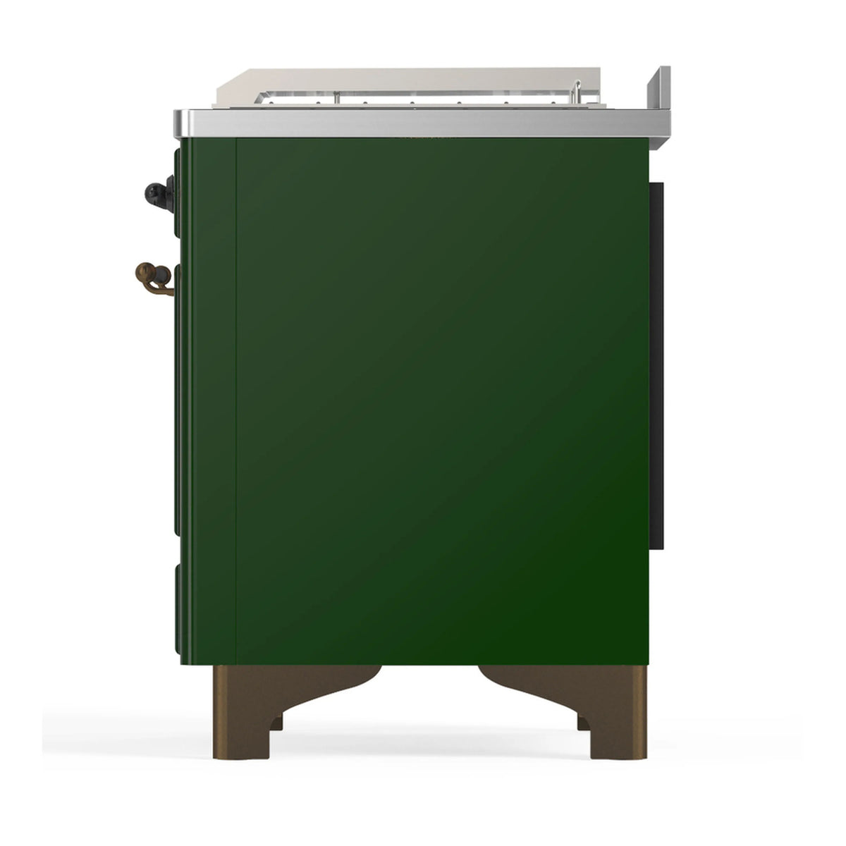 Emerald green dual fuel range rear side panel with stainless top and trim feet