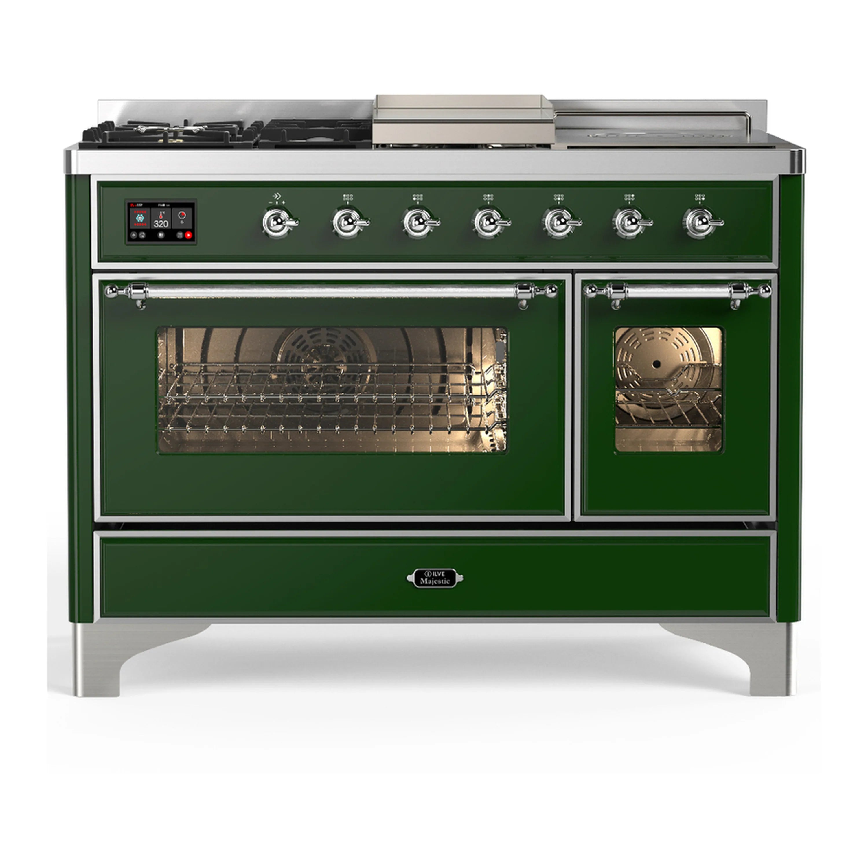 Emerald green dual fuel range with chrome trim; both oven doors open, racks and burners visible