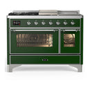 ILVE Majestic III 48-inch Dual Fuel Range with 5 Natural Gas Burner, Griddle, French Top and Triple Glass Door Electric Oven in Emerald Green with Chrome Trim (UM48FSNR3EGC)