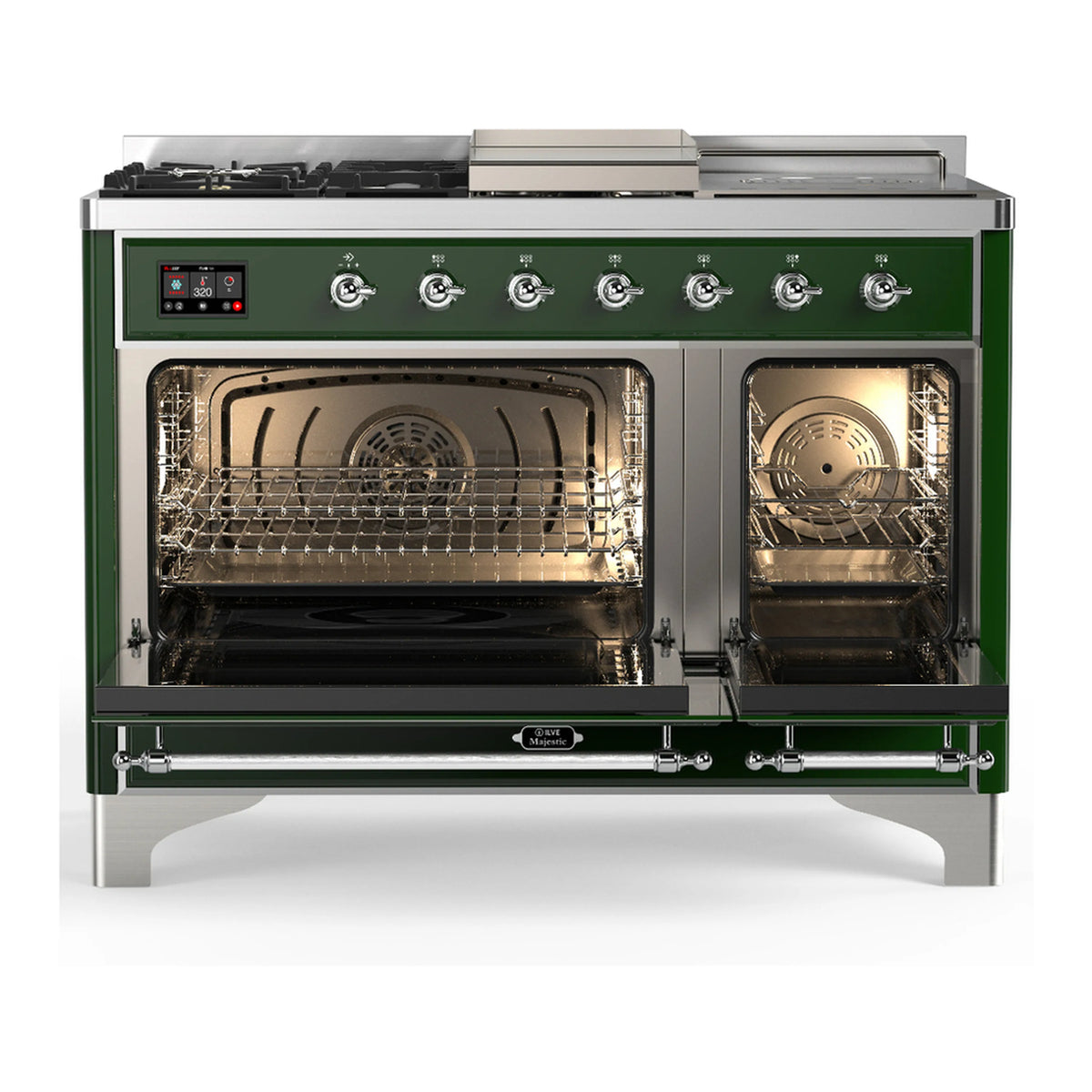 Emerald green dual fuel range with chrome trim; dual ovens open, burners and knobs on front