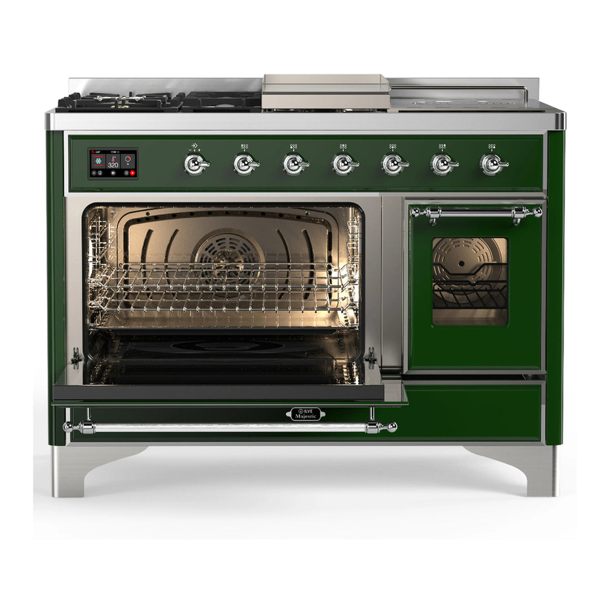Emerald green dual fuel range with chrome trim; left oven open, right oven window visible