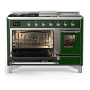 ILVE Majestic III 48-inch Dual Fuel Range with 5 Liquid Propane Burner, Griddle, French Top and Triple Glass Door Electric Oven in Emerald Green with Chrome Trim (UM48FSNR3EGCLP)