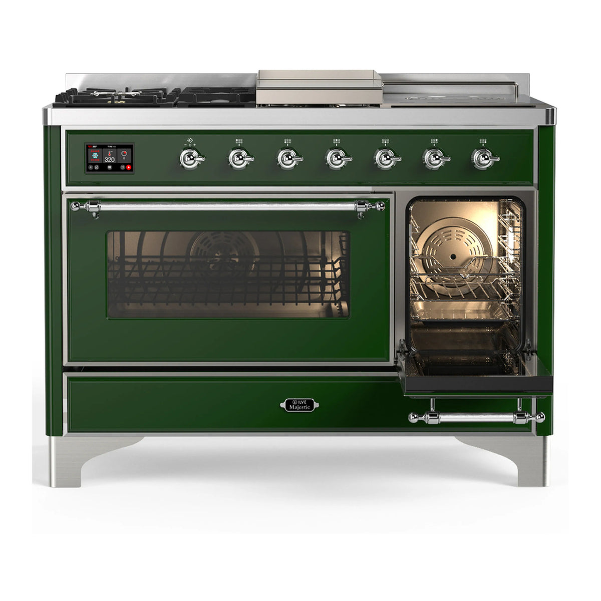 Emerald green dual fuel range with chrome trim; large oven door open, inner grates visible