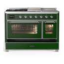 ILVE Majestic III 48-inch Dual Fuel Range with 5 Natural Gas Burner, Griddle, French Top and Triple Glass Door Electric Oven in Emerald Green with Chrome Trim (UM48FSNR3EGC)