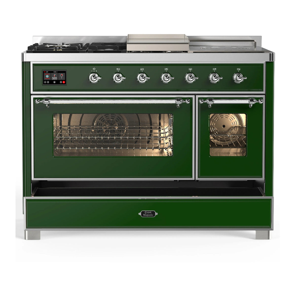 Emerald green dual oven range with oven window door and open left oven cavity