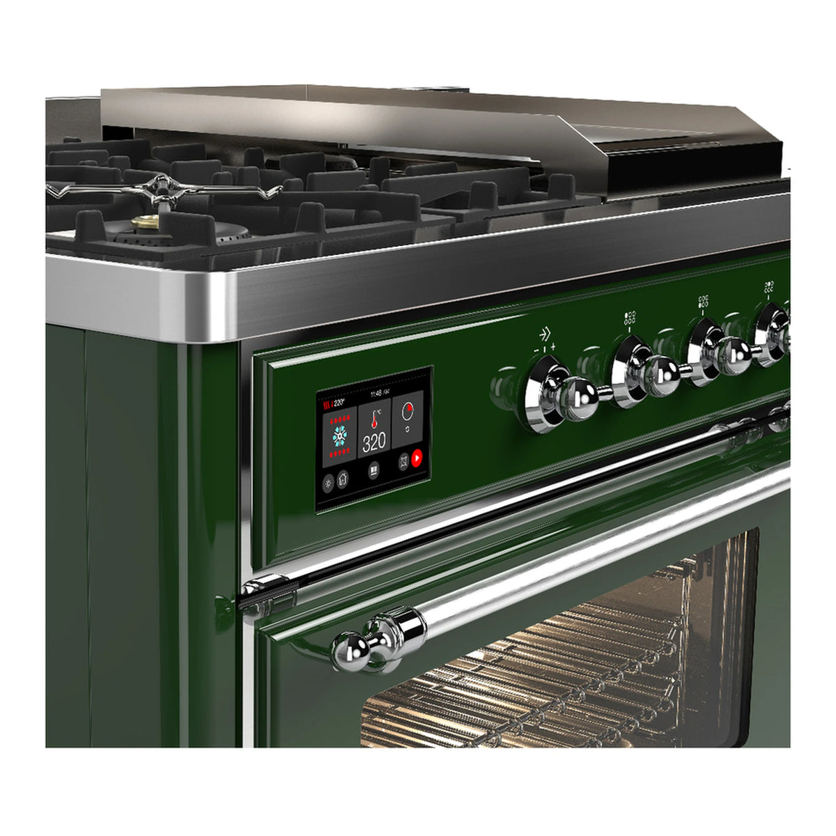 Close-up of emerald green range controls with chrome knobs and open oven racks