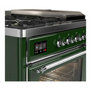 ILVE Majestic III 48-inch Dual Fuel Range with 5 Liquid Propane Burner, Griddle, French Top and Triple Glass Door Electric Oven in Emerald Green with Chrome Trim (UM48FSNR3EGCLP)