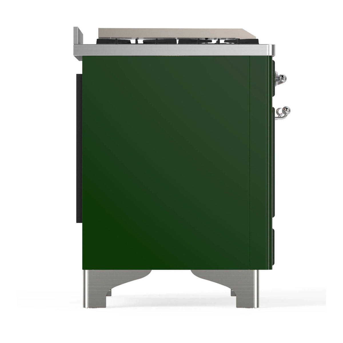 Side view of emerald green dual fuel range with chrome trim and raised rear panel