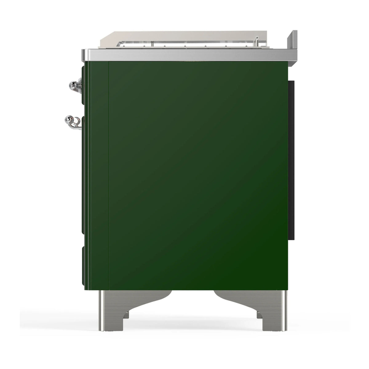 Emerald green range rear side with stainless legs and chrome handle hardware