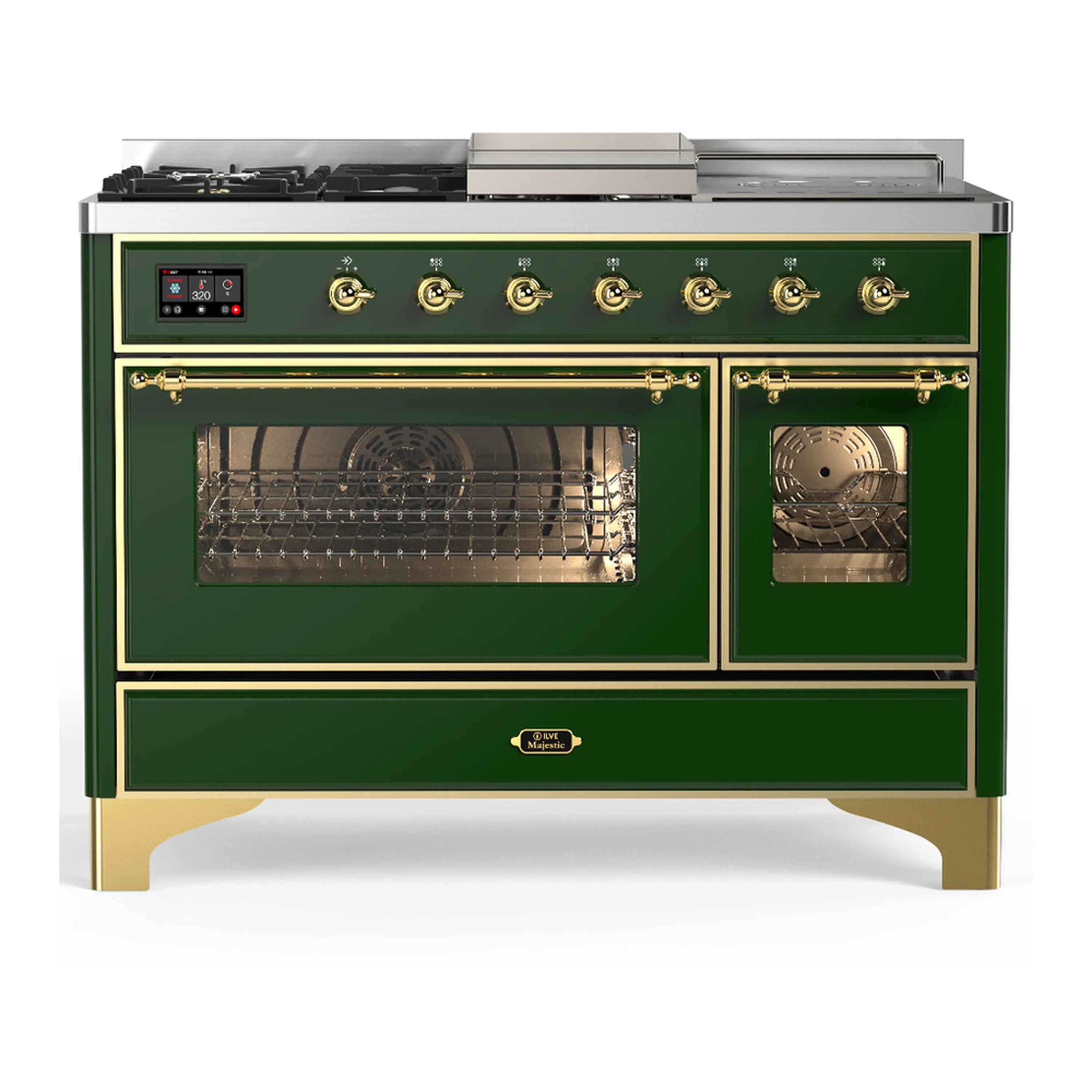 Emerald green dual fuel range with brass trim, left oven open and right glass door