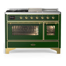 ILVE Majestic III 48-inch Dual Fuel Range with 5 Liquid Propane Burner, Griddle, French Top and Triple Glass Door Electric Oven in Emerald Green with Brass Trim (UM48FSNR3EGGLP)