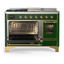 ILVE Majestic III 48-inch Dual Fuel Range with 5 Liquid Propane Burner, Griddle, French Top and Triple Glass Door Electric Oven in Emerald Green with Brass Trim (UM48FSNR3EGGLP)