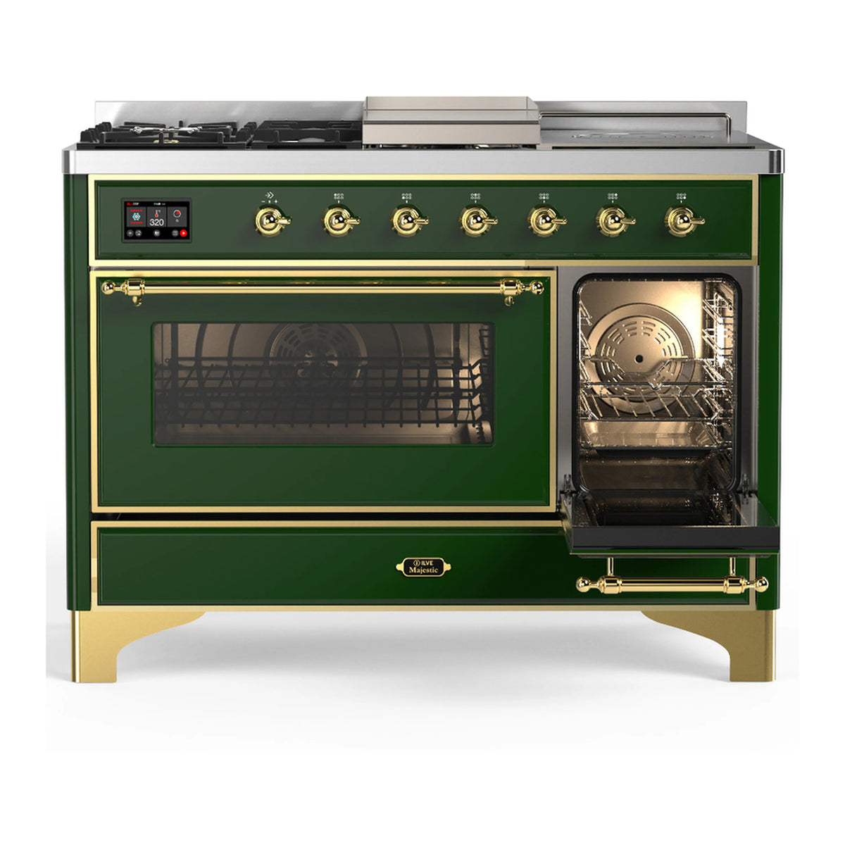 Emerald green dual fuel range with brass trim, left oven glass front and right oven open