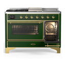 ILVE Majestic III 48-inch Dual Fuel Range with 5 Liquid Propane Burner, Griddle, French Top and Triple Glass Door Electric Oven in Emerald Green with Brass Trim (UM48FSNR3EGGLP)