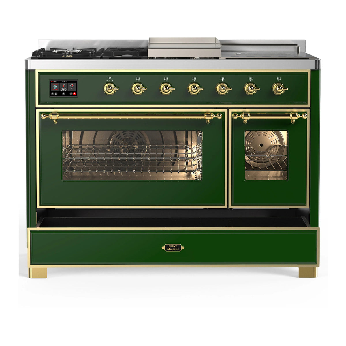 Emerald green dual fuel range with brass trim, two glass-front doors and lower drawer