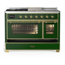 ILVE Majestic III 48-inch Dual Fuel Range with 5 Liquid Propane Burner, Griddle, French Top and Triple Glass Door Electric Oven in Emerald Green with Brass Trim (UM48FSNR3EGGLP)