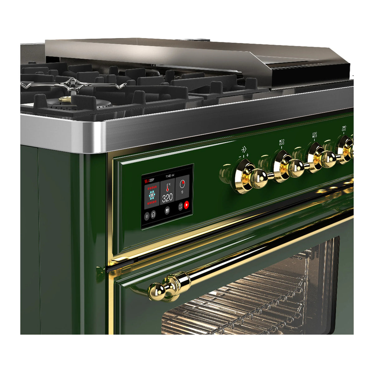 Emerald green dual fuel range closeup with brass knobs, digital control panel, oven rack