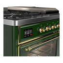 ILVE Majestic III 48-inch Dual Fuel Range with 5 Liquid Propane Burner, Griddle, French Top and Triple Glass Door Electric Oven in Emerald Green with Brass Trim (UM48FSNR3EGGLP)