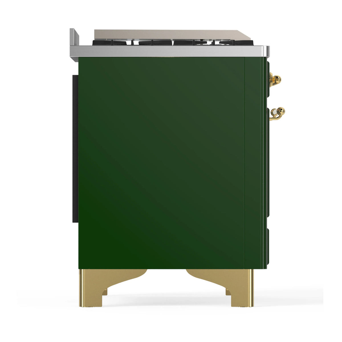 Emerald green dual fuel range side panel with brass accents and gold-tone legs