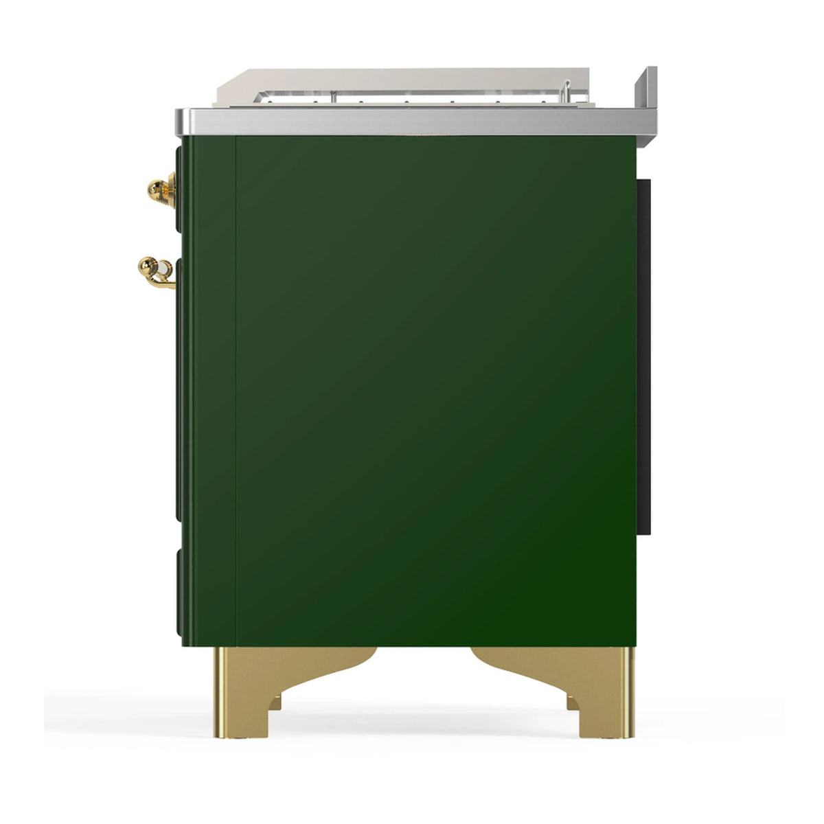 Emerald green dual fuel range rear side with brass fittings and back panel detail