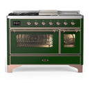 ILVE Majestic III 48-inch Dual Fuel Range with 5 Natural Gas Burner, Griddle, French Top and Triple Glass Door Electric Oven in Emerald Green with Copper Trim (UM48FSNR3EGP)