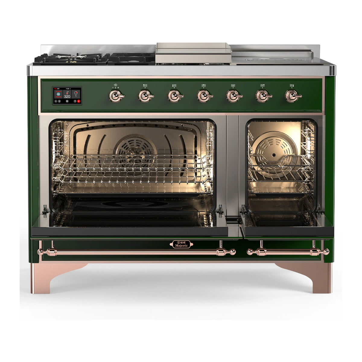 Emerald green dual fuel range with copper trim, both oven doors open to reveal racks