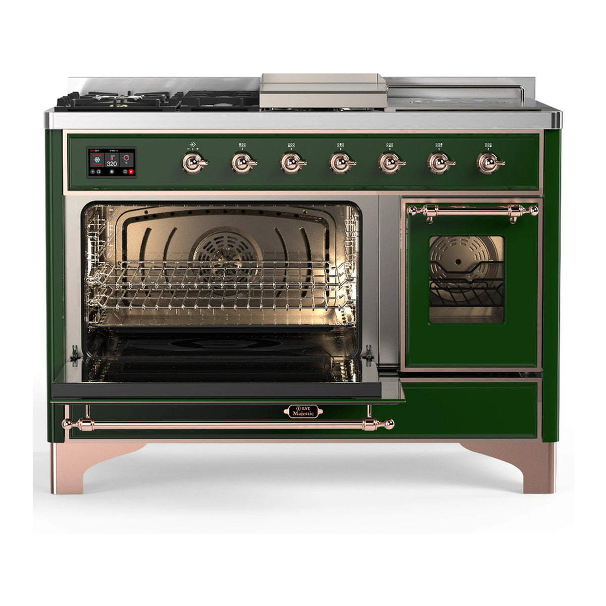 Emerald green dual fuel range with copper trim, left oven door open and right door window
