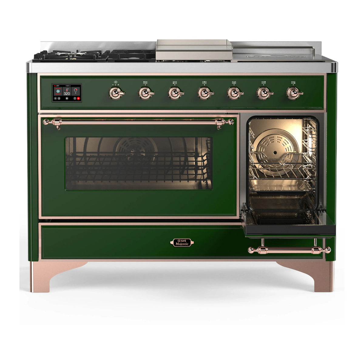 Emerald green dual fuel range with copper trim, left oven window and right oven door open