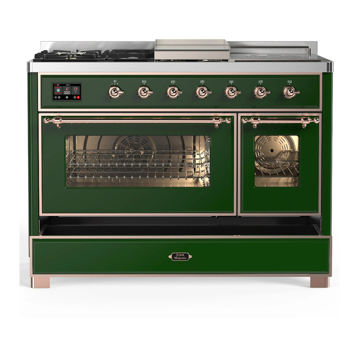 Emerald green dual fuel range with copper trim, glass oven doors and lower storage drawer