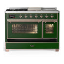 ILVE Majestic III 48-inch Dual Fuel Range with 5 Liquid Propane Burner, Griddle, French Top and Triple Glass Door Electric Oven in Emerald Green with Copper Trim (UM48FSNR3EGPLP)