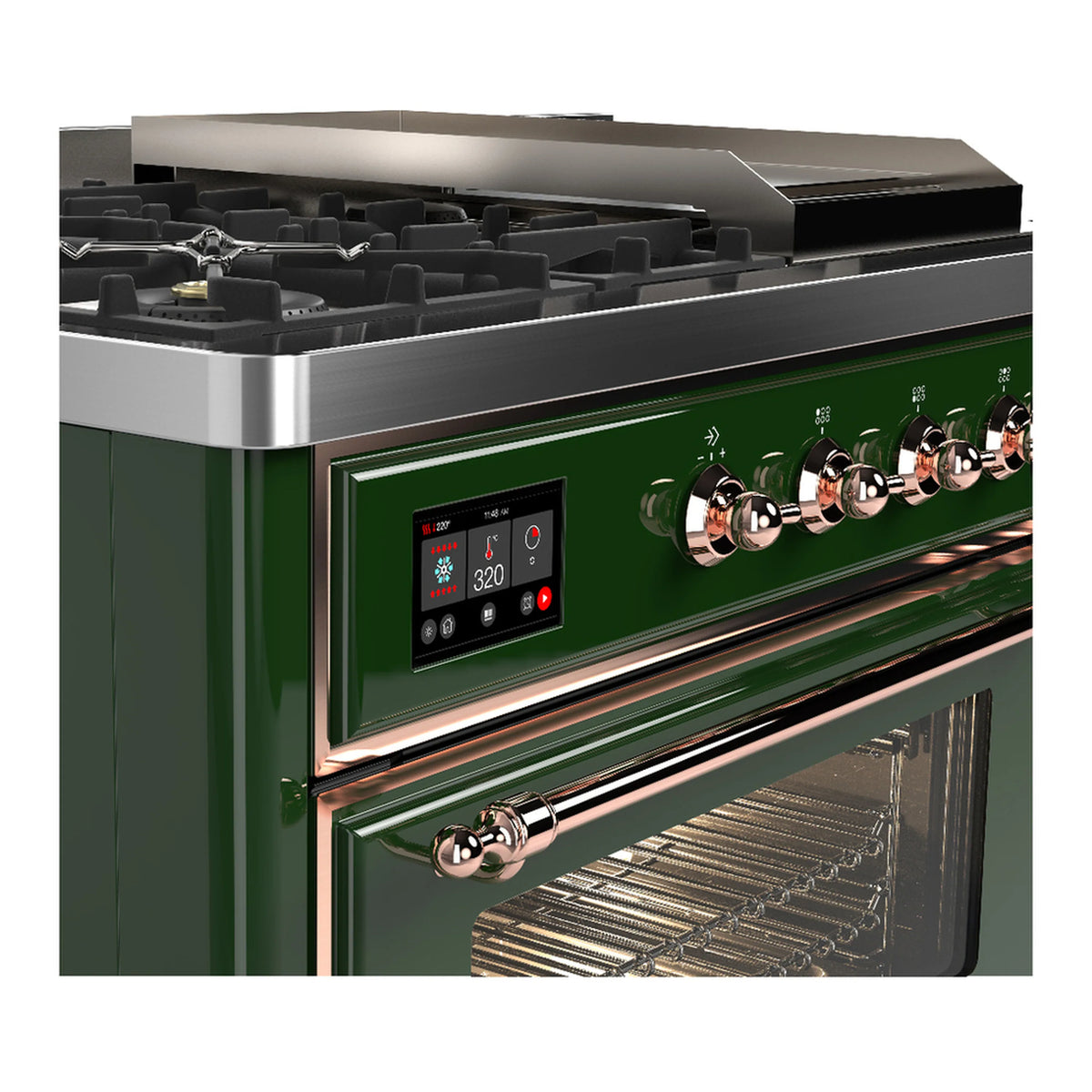 Emerald green range front control panel with digital display and copper handle