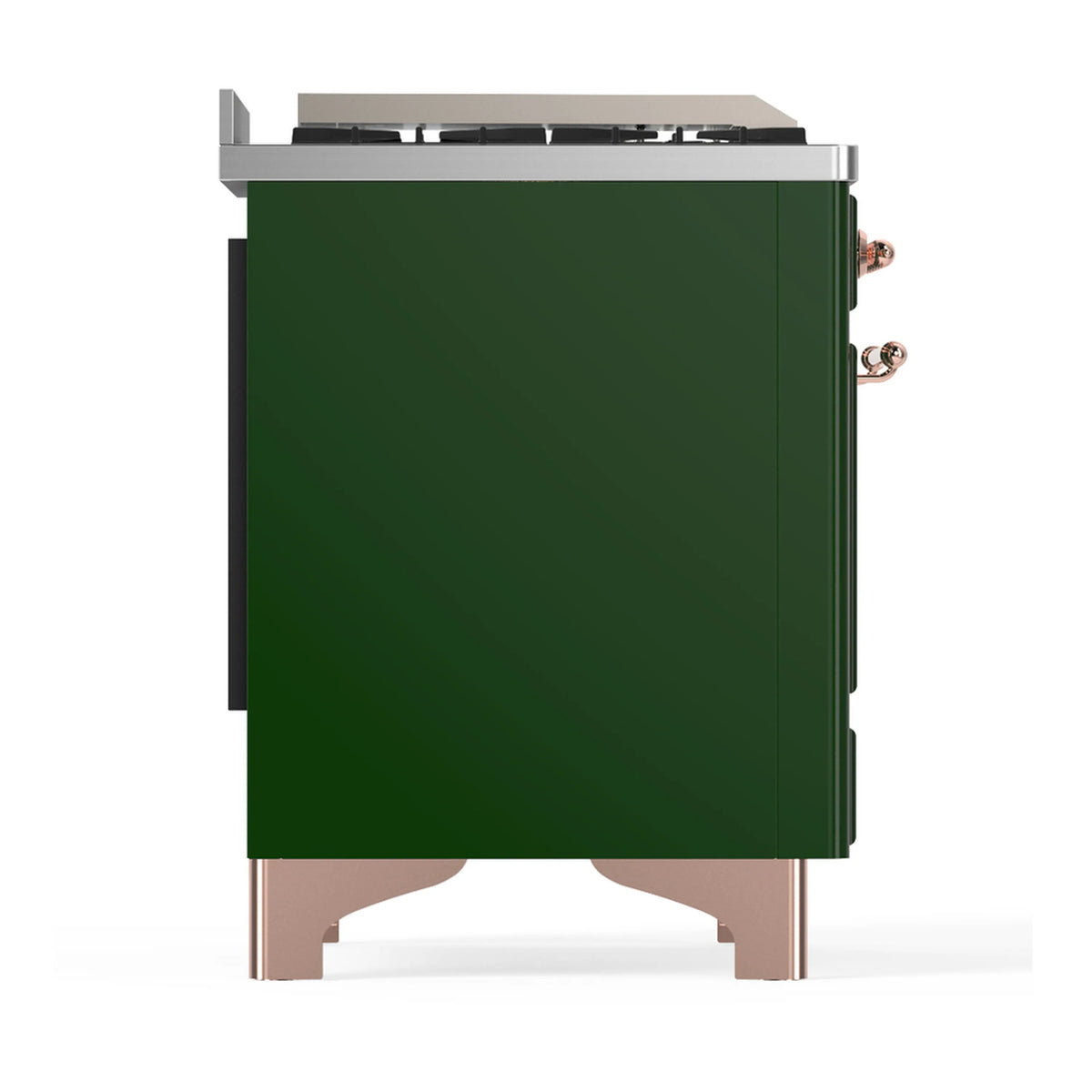 Left side view of emerald green dual fuel range with copper trim and matching side panel