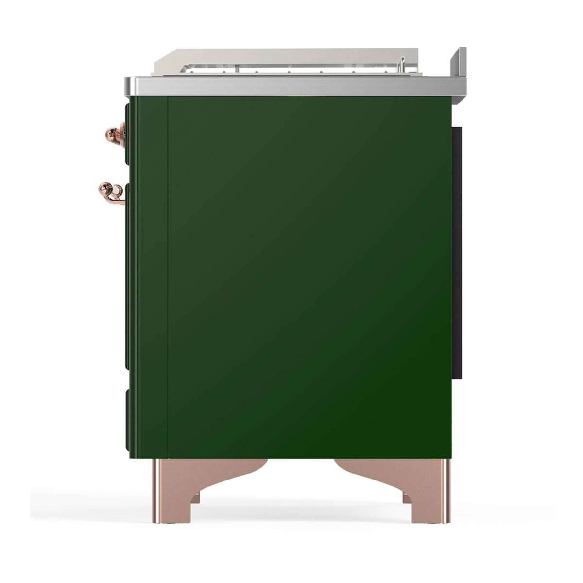 Emerald green range side view with copper trim feet and rear corner detail