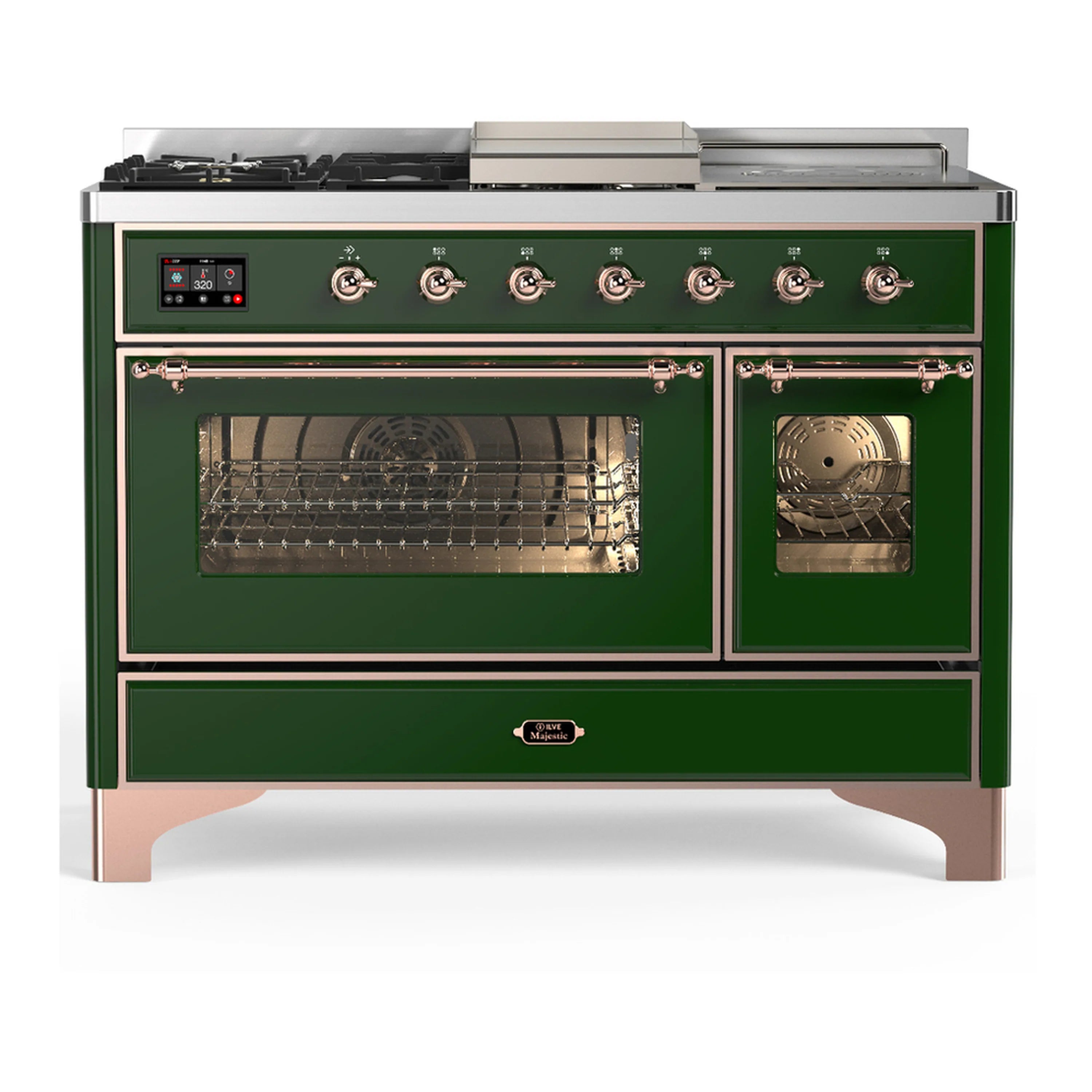Emerald green dual fuel range with copper trim, two oven doors and windowed broiler view