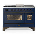 ILVE Majestic III 48-inch Dual Fuel Range with 5 Natural Gas Burner, Griddle, French Top and Triple Glass Door Electric Oven in Midnight Blue with Burnished Trim (UM48FSNR3MBB)