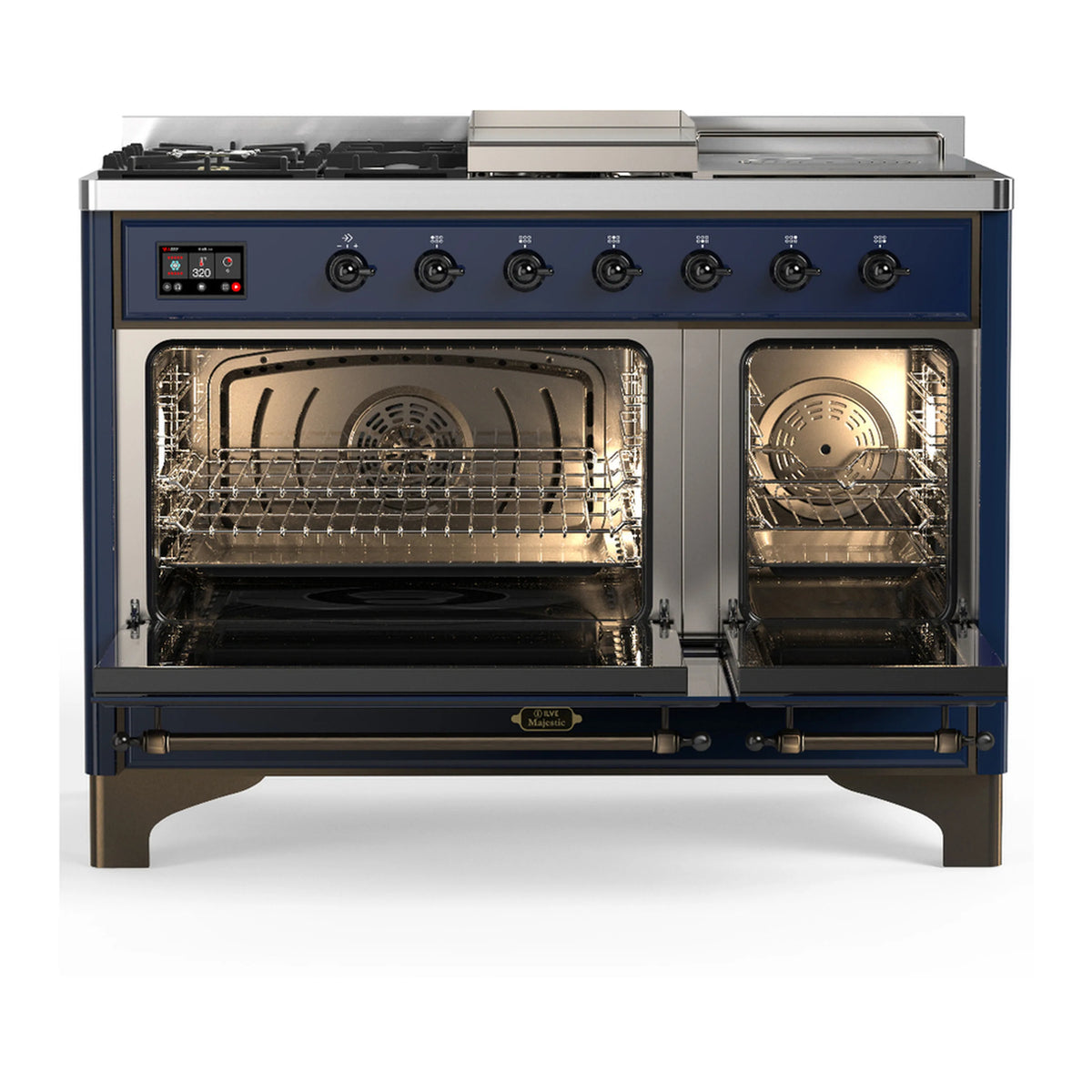 Midnight blue dual fuel range with both oven doors open, showing racks and interior fan.