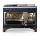 ILVE Majestic III 48-inch Dual Fuel Range with 5 Natural Gas Burner, Griddle, French Top and Triple Glass Door Electric Oven in Midnight Blue with Burnished Trim (UM48FSNR3MBB)