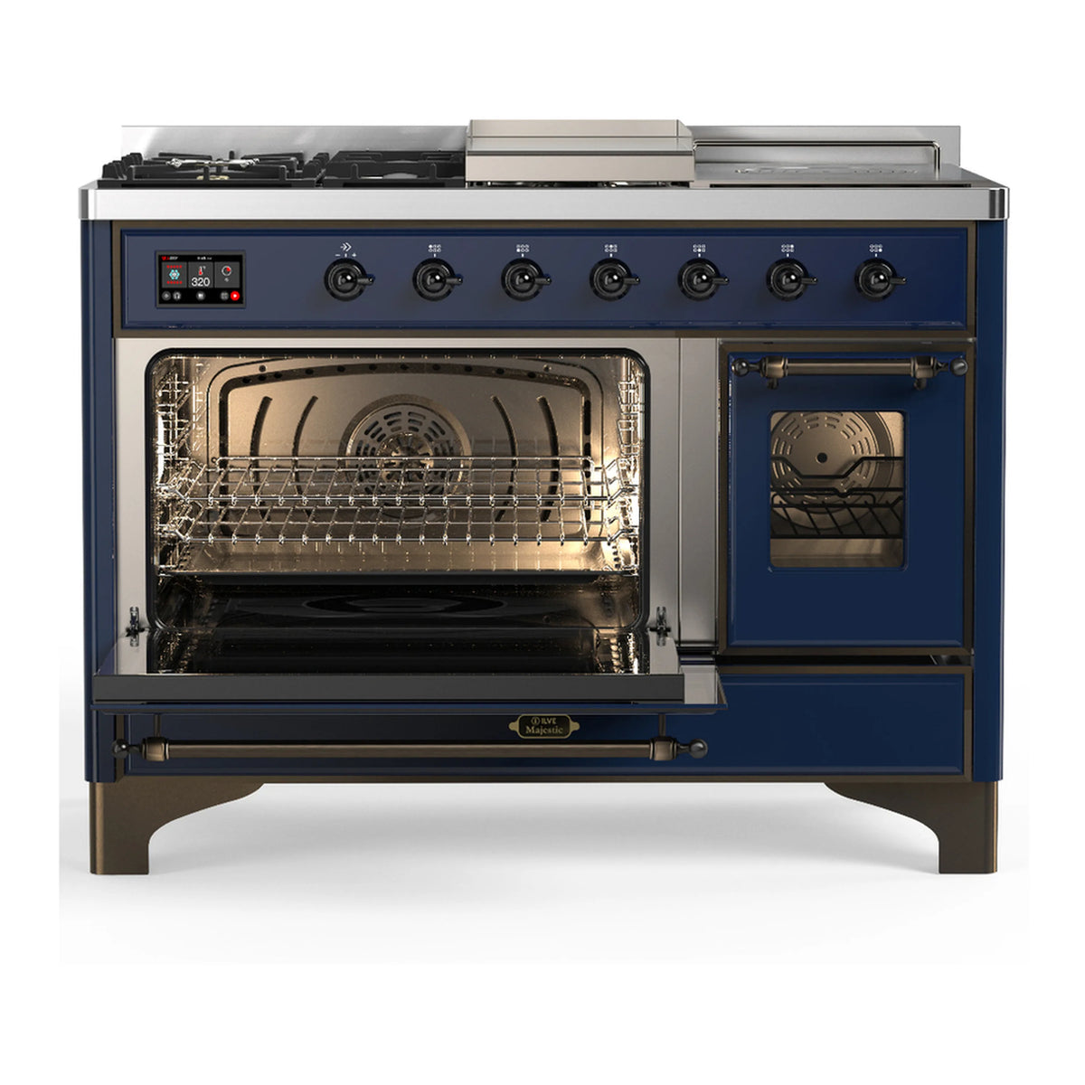 Midnight blue dual fuel range with oven door open, showing oven racks and interior fan.