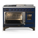 ILVE Majestic III 48-inch Dual Fuel Range with 5 Natural Gas Burner, Griddle, French Top and Triple Glass Door Electric Oven in Midnight Blue with Burnished Trim (UM48FSNR3MBB)