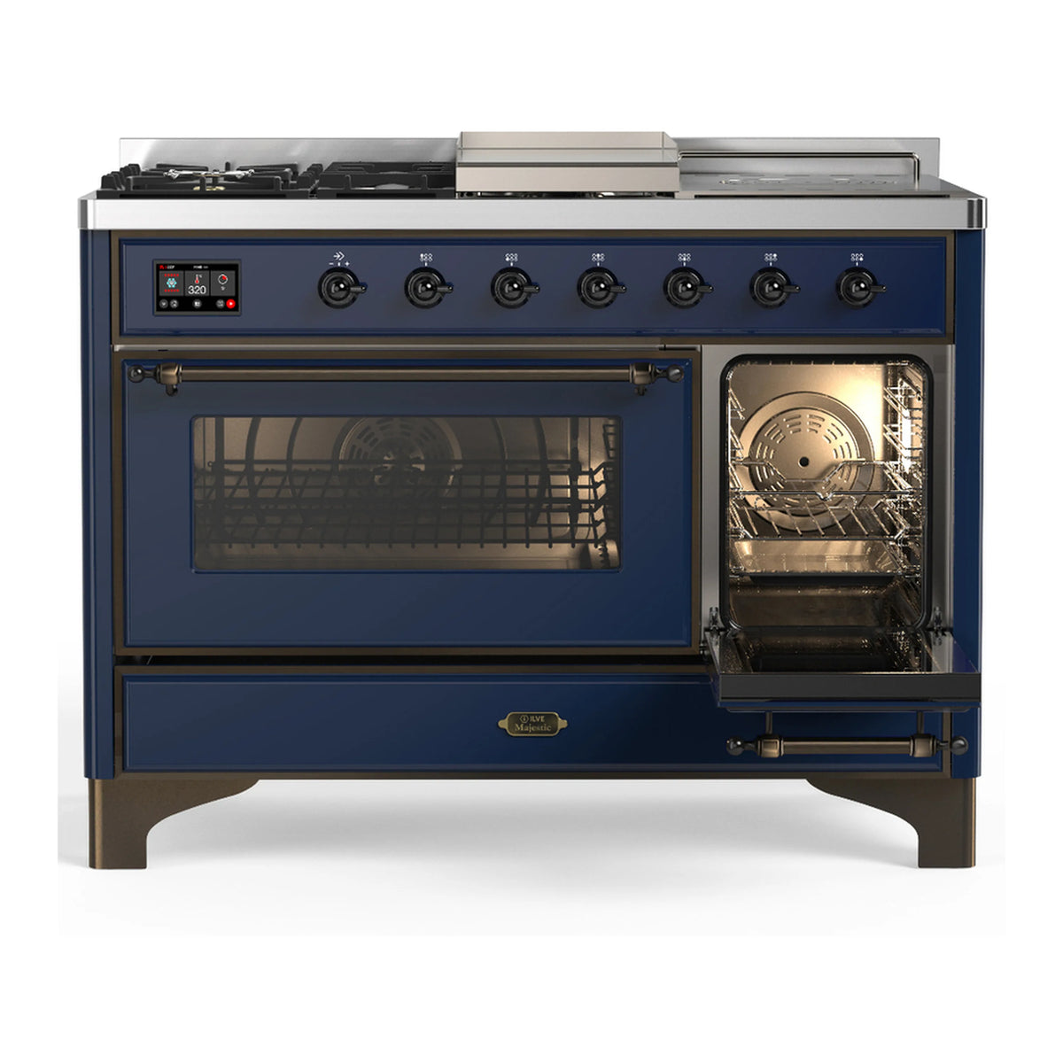 Midnight blue dual fuel range with right oven door open, interior fan and racks visible.