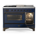 ILVE Majestic III 48-inch Dual Fuel Range with 5 Natural Gas Burner, Griddle, French Top and Triple Glass Door Electric Oven in Midnight Blue with Burnished Trim (UM48FSNR3MBB)